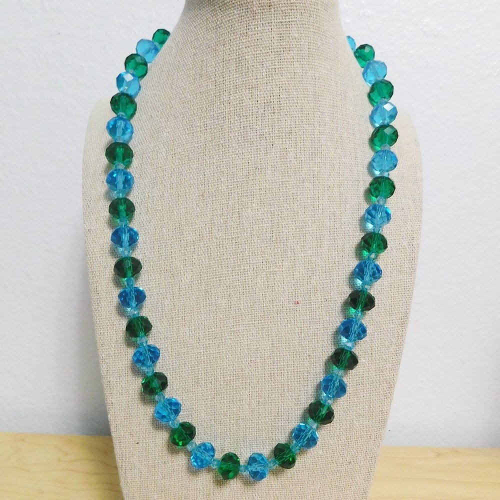 Handmade Green & Blue Faceted Beaded Necklace -  21.5"